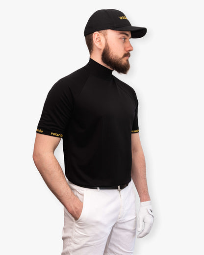 Frontansicht schwarzes Golf Shirt aus TENCEL™ für Herren von paxariño.